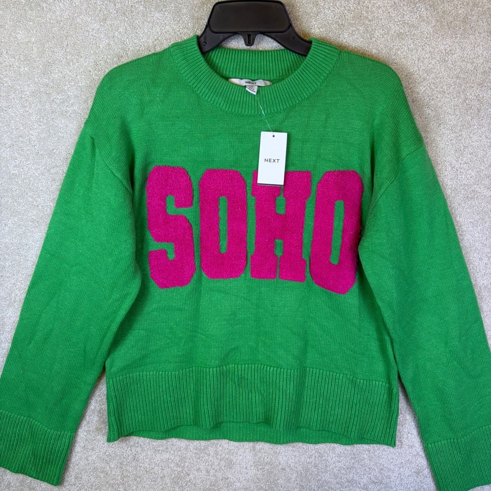 Next Soho Graphic Sweater Womens Small Green Pink Crewneck Knit SoHo NYC NEW